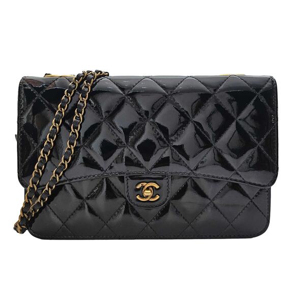 Chanel Patent Goatskin Quilted CC Eyelet Wallet On Chain WOC Black - Picture 1 of 10